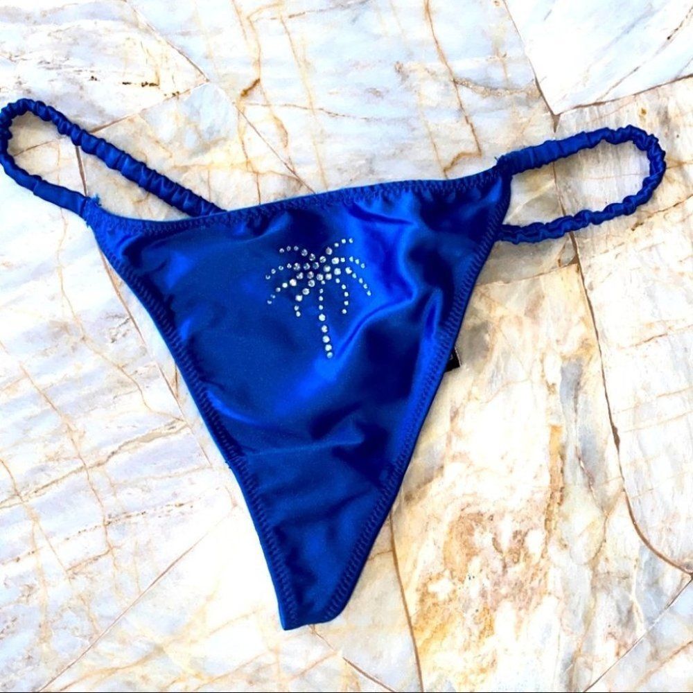 Victoria’s Secret V String panty thong satin ruched sides Palm Crystal Navy Blue